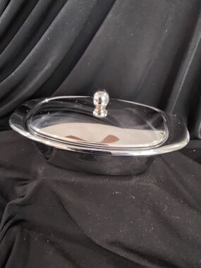 Stainless Steel  Covered Serving Dish with Silver Knob